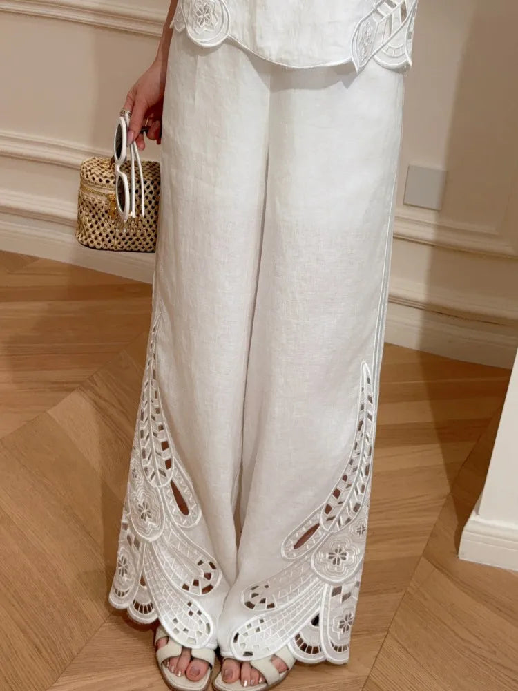 Female New High Waist Linen Sets Thin Pant Outfits O-Neck Elegant Sleeveless Tops Hollow-Out Embroidery Women Two-Piece Vest Set
