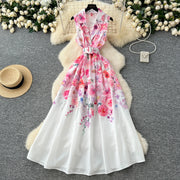 Elegant French vintage style sleeveless dress with high quality floral print