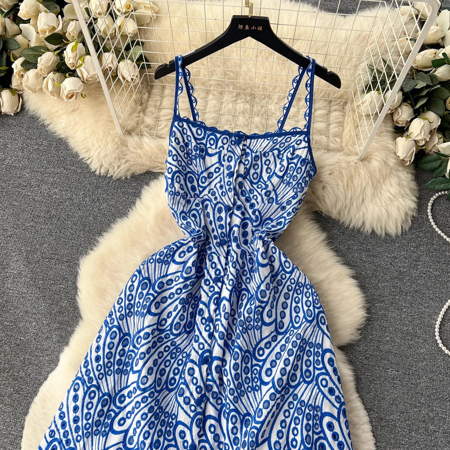 Quality Spaghetti Straps Ruffles Backless Sexy Hollow Out Embroidery Dress