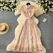 Elegant vintage button-down midi dress with high-quality print