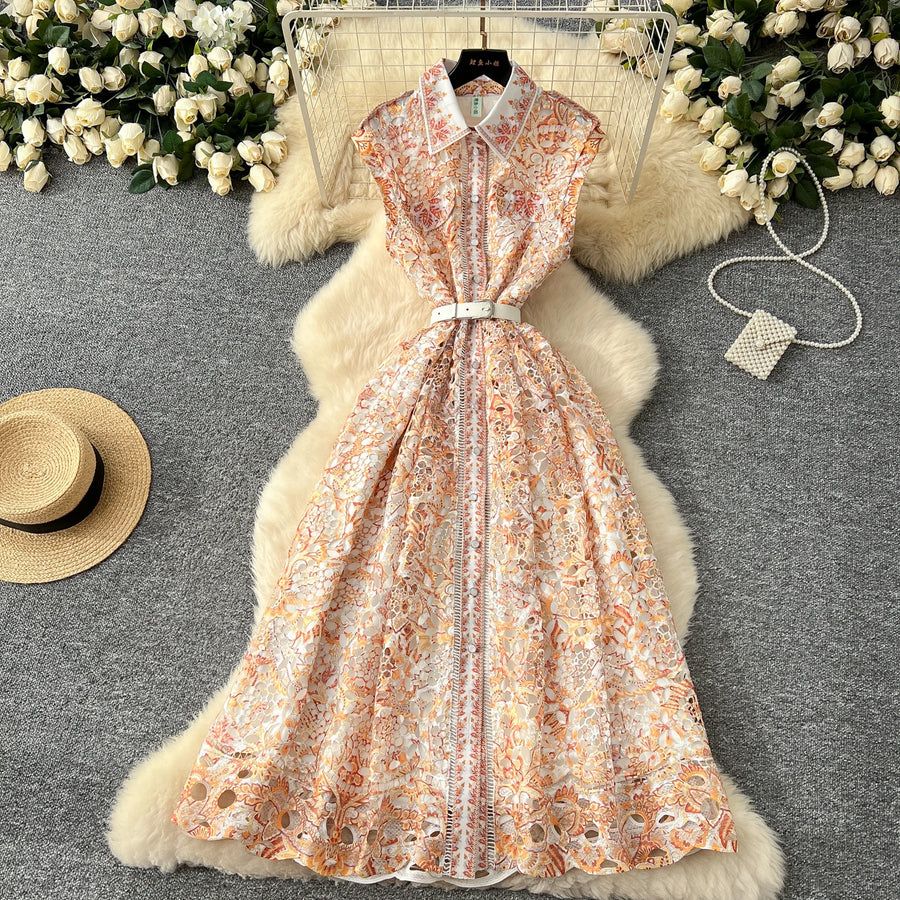 Elegant vintage button-down midi dress with high-quality print