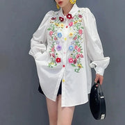 High quality elegant 3D flower printed lantern sleeves white shirt
