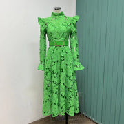 High quality French temperament water soluble lace single-breasted hollow long-sleeved dress