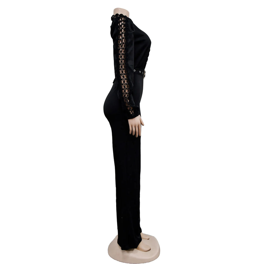 Elegant Hollow Out Turtleneck Long Sleeve Slim Fit Jumpsuit with Belt High Quality