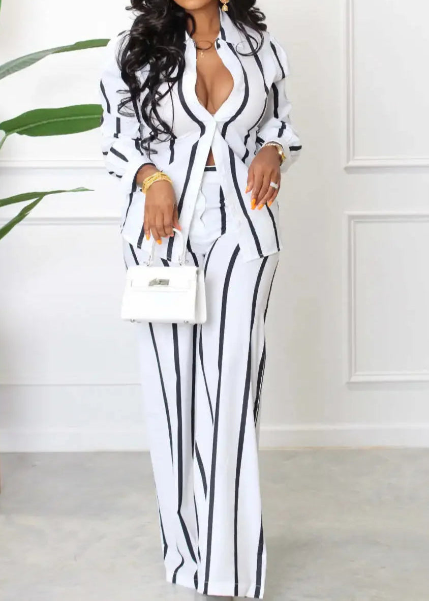 High Quality Striped Long Sleeve Button Wide Leg Pants Two Piece Set