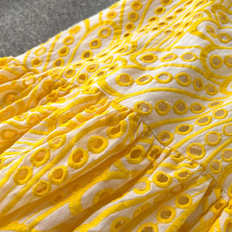 Quality Spaghetti Straps Ruffles Backless Sexy Hollow Out Embroidery Dress