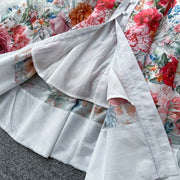 Elegant vintage V-neck button long floral evening dress high quality
