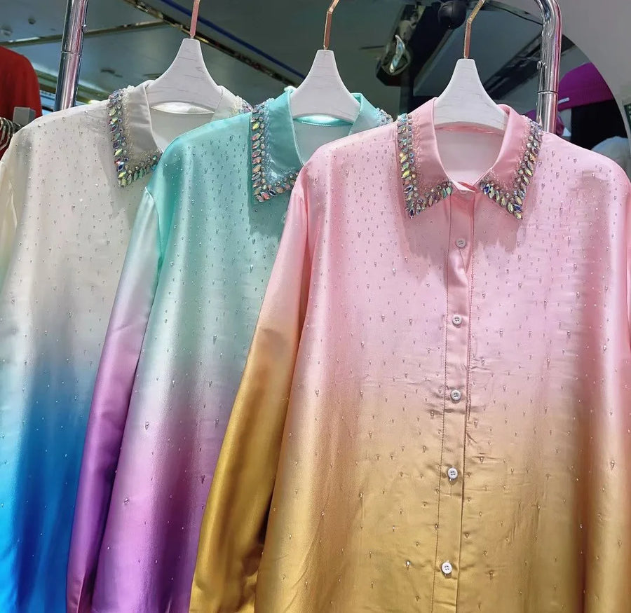 Fashion Gradient Rhinestone Mercerized Cotton Blouse  Spring Rhinestone Lapel Long Sleeve Single-Breasted Shirt for Women