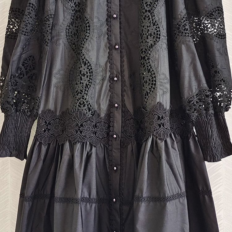 High Quality Vintage Flower Embroidery Lace Ruffled Puff Sleeve White Dress