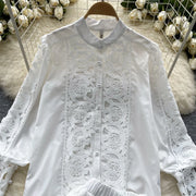 Retro Two Piece Set Hollow Out Long Sleeve Shirt+High Quality Mini Skirts