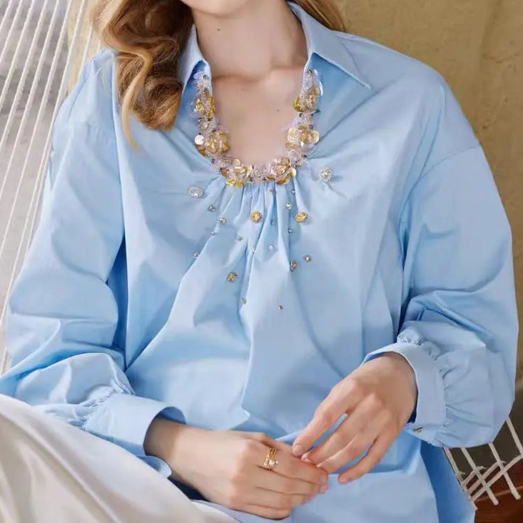 High Quality Sequin Stitch Cotton Elegant Casual Shirt