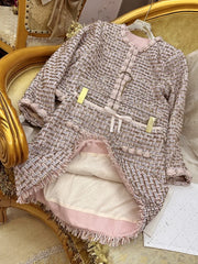 Autumn Winter Office Women Mixed Color Fit Sets Golden Silk O Neck Two Piece Set Tweed Jacket Slim Half Skirt Set Elegant Lady