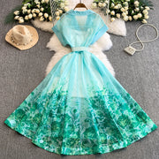 Summer Women Printed Long Dress Beach Vacation Notched Collar Single Breasted Short Sleeve A-Line Maxi Vestidos Female Robe
