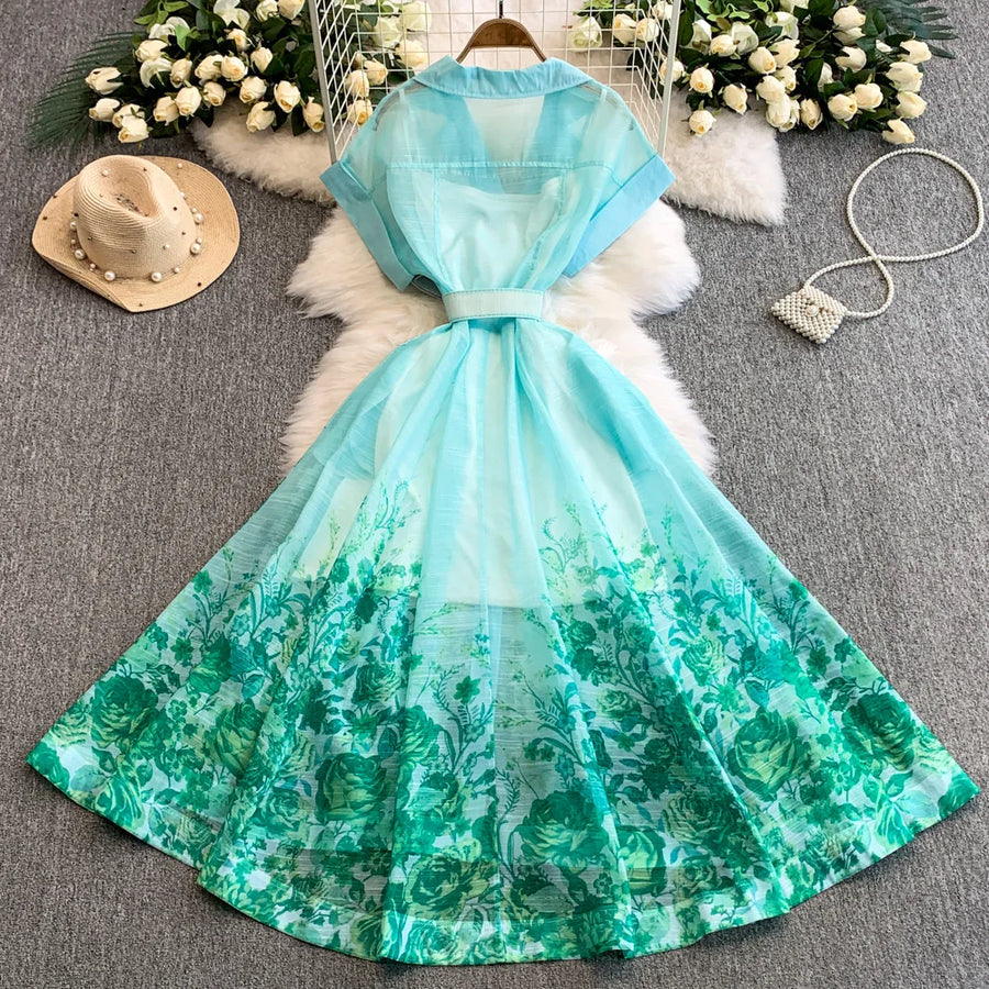 Summer Women Printed Long Dress Beach Vacation Notched Collar Single Breasted Short Sleeve A-Line Maxi Vestidos Female Robe