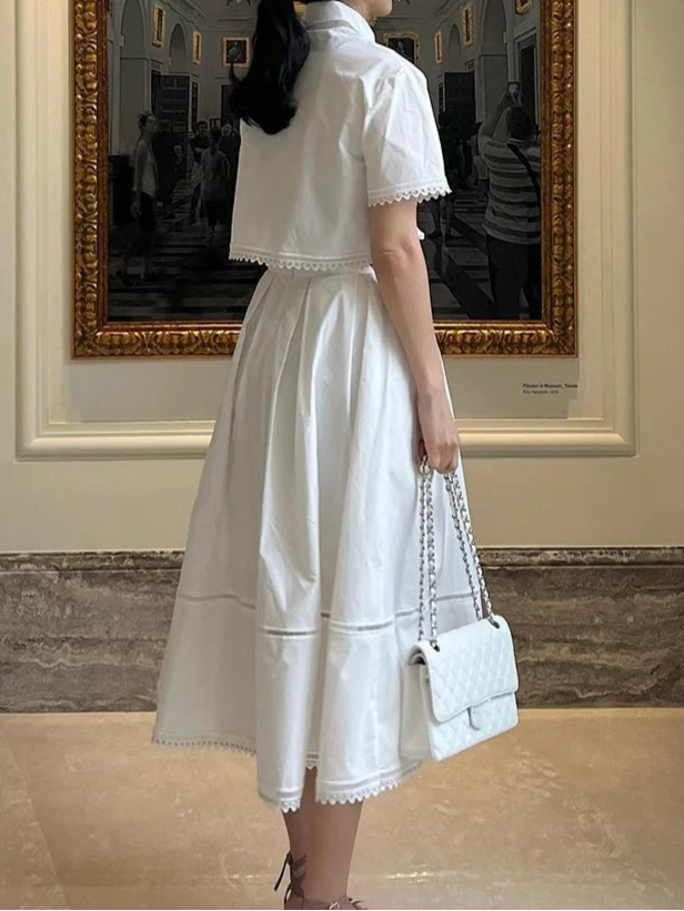 Elegant Two Piece Sets Lapel Short Sleeve Blouses High Waist Pleated Skirts