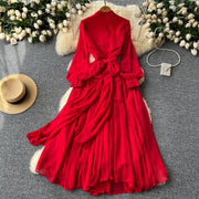 HIGH QUALITY Summer Retro Print Round Neck Flare Sleeve Elegant Pleated Dress