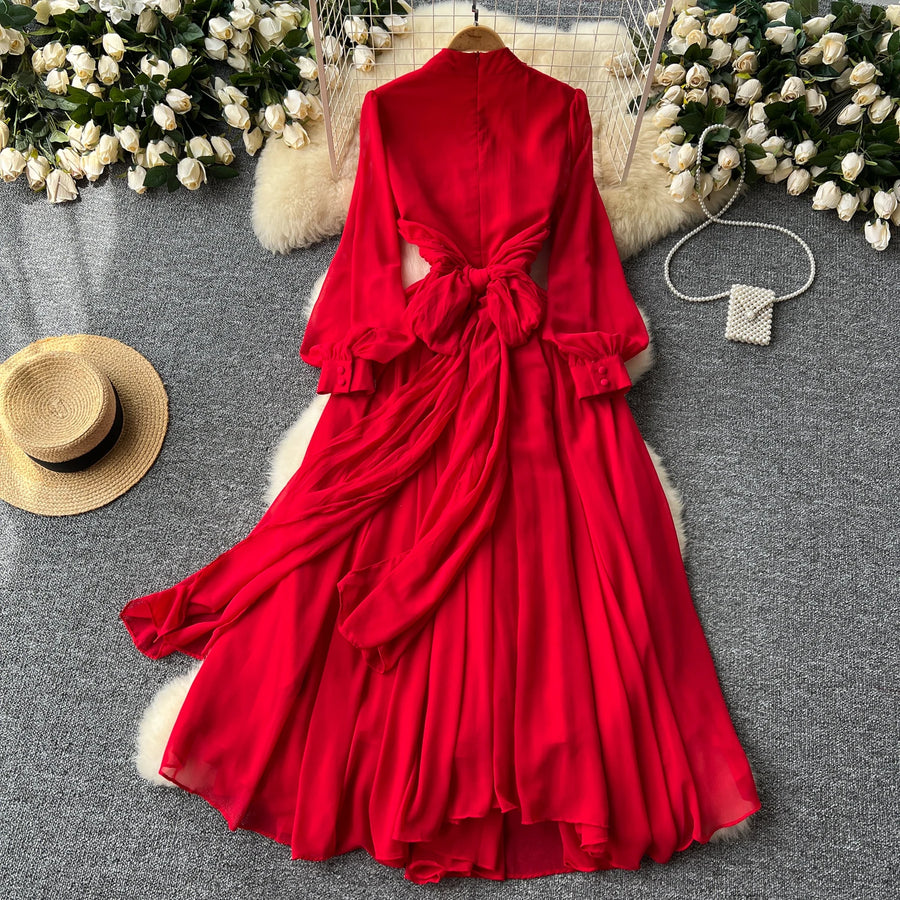 HIGH QUALITY Summer Retro Print Round Neck Flare Sleeve Elegant Pleated Dress