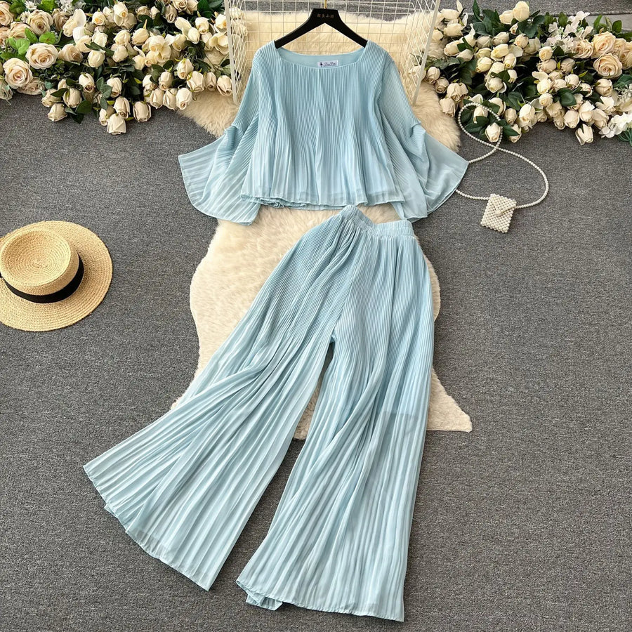 Casual Two Piece Set Loose Shirt+High Waist Straight Pants