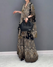 High Quality Printed V Neck Tops and Long Wide Leg Pants Two Piece Set