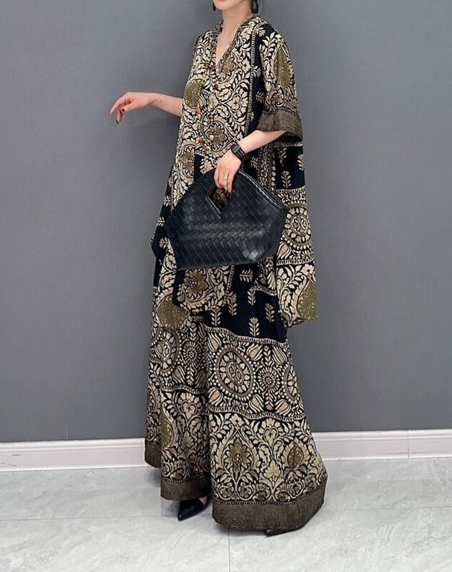 High Quality Printed V Neck Tops and Long Wide Leg Pants Two Piece Set