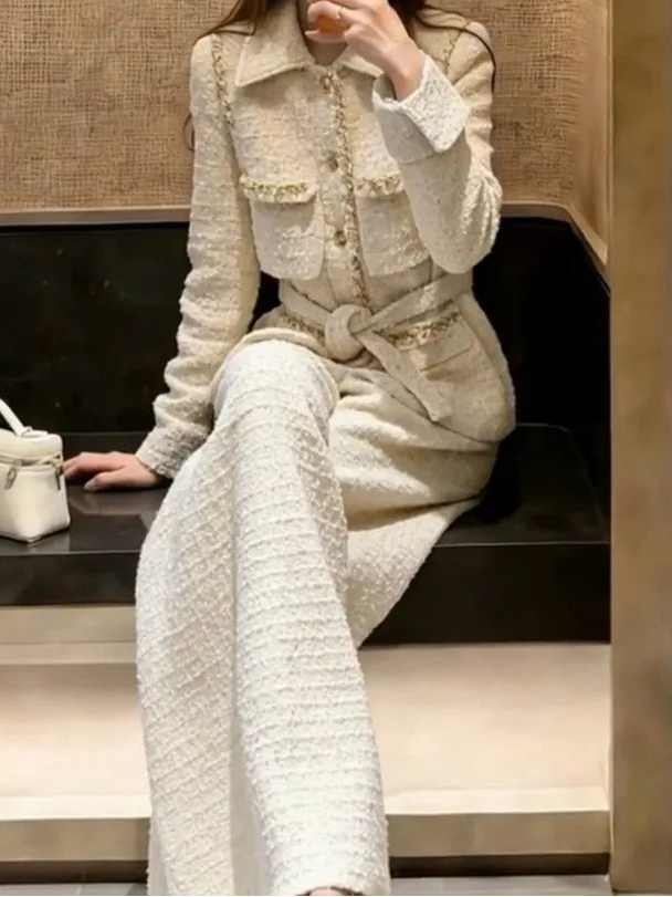 Korean Style Ladies Belt Tweed Single Breasted Long Sleeves Coat Wide Leg Pants Two Piece Set Work Women Straight Long Pant Sets