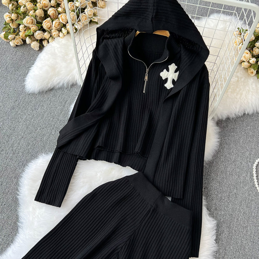 3-piece suit coat, high-waisted zip-up vest + high-quality wide-leg pants
