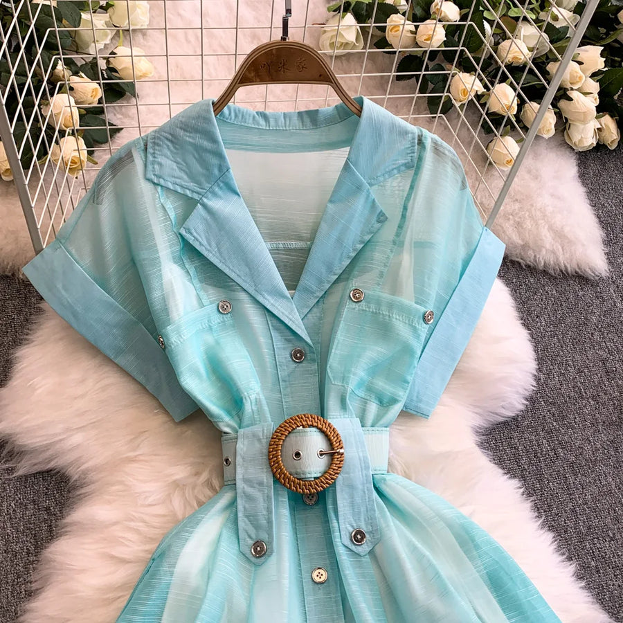 Summer Women Printed Long Dress Beach Vacation Notched Collar Single Breasted Short Sleeve A-Line Maxi Vestidos Female Robe