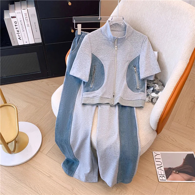 Summer New Stitched Zipper T-shirt top Female Set Elegant Women's Jeans Casual Blouse Two Piece Set Ladies Tracksuits big