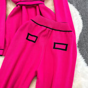 Women's Two-Piece Set Long-Sleeved Lace-up Waist V-Neck Mid-Length Knitted Cardigan Coat + Wide-Leg Pants