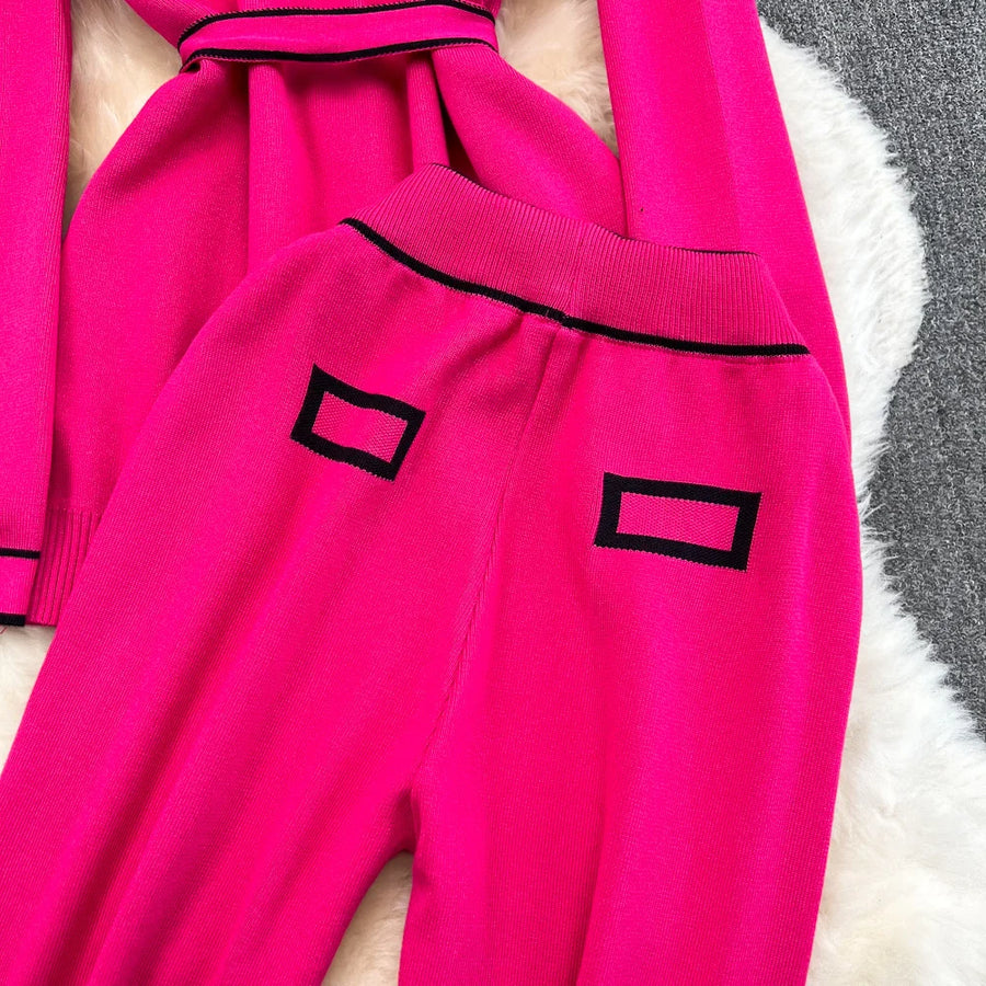 Women's Two-Piece Set Long-Sleeved Lace-up Waist V-Neck Mid-Length Knitted Cardigan Coat + Wide-Leg Pants