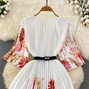 High Quality High Waist Short Sleeve Color Print Pleated O-Neck Dress