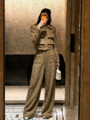 Casual Ladies Work Tweed Multi Pockets Single Breasted Long Sleeves Coat Two Piece Set Elegant Female Straight Long Pant Sets