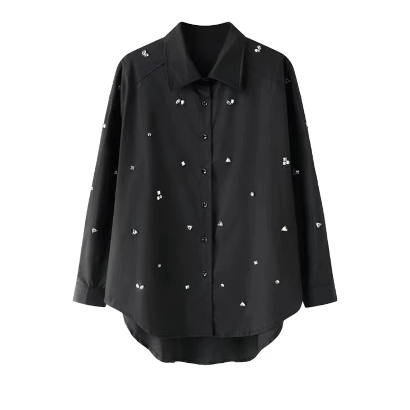 Luxury Exquisite Blingbling Diamonds Cotton Mid-length Shirts Blouses For Women  Spring Summer Long Sleeve Tops Blusas