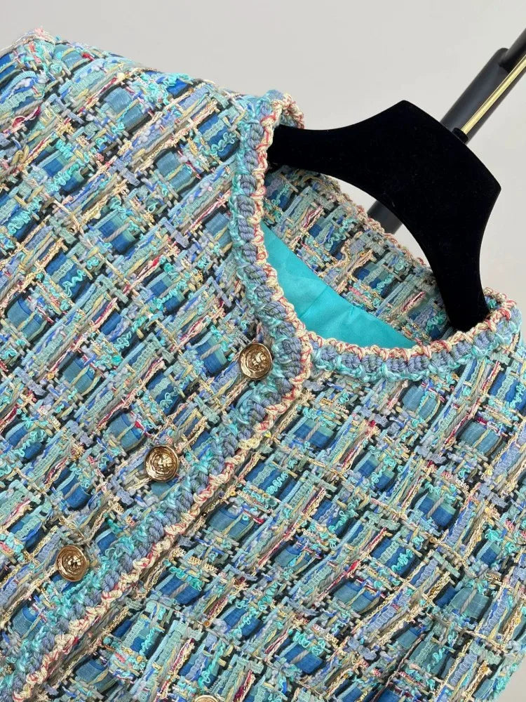 New Women Autumn Elegant French Style O-Neck Tweed Jacket Plaid Single Breasted Slim Fit Short Top Party Banquet Coat Outerwear