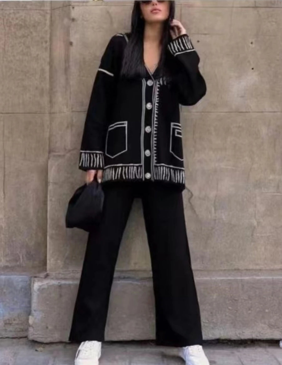 Autumn Winter Small Fragrance Knitted Two Piece Set Women Cardigan Coat + Pant Suits Fashion Casual Tracksuit 2 Piece Pant Sets