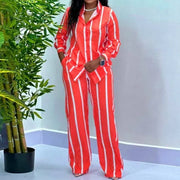 High Quality Striped Long Sleeve Button Wide Leg Pants Two Piece Set
