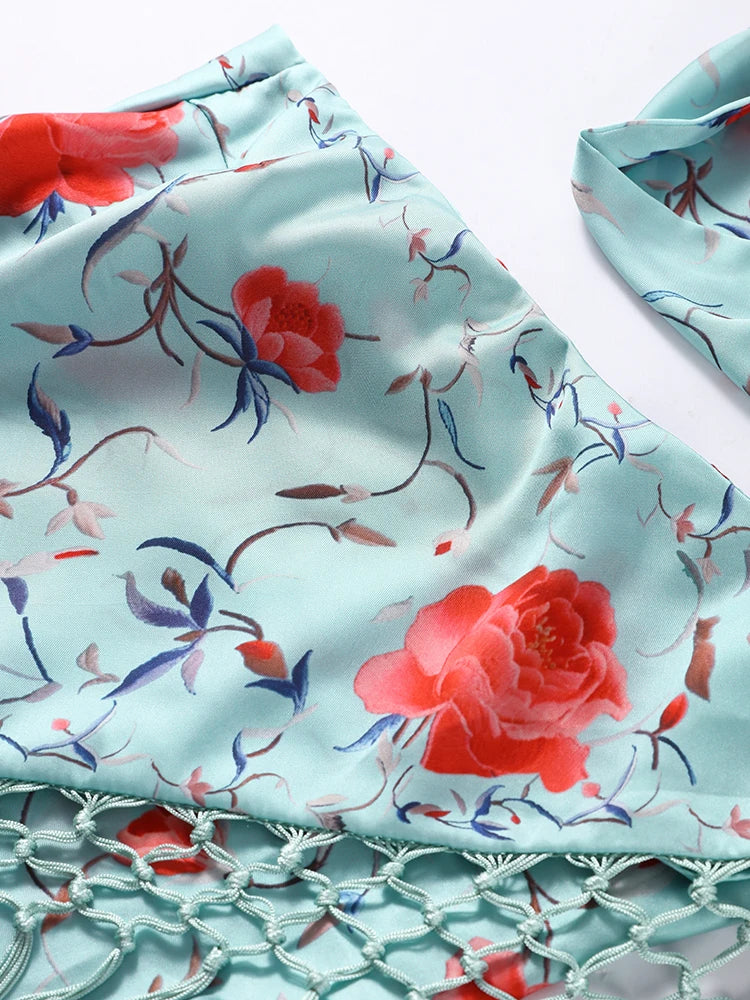 Print Tassels One-piece Long Dress Women Elegant Scarf Collar Sleeveless Backless Slim Party Dresses New Fashion Ladies Vestidos