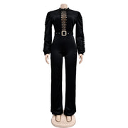 Elegant Hollow Out Turtleneck Long Sleeve Slim Fit Jumpsuit with Belt High Quality