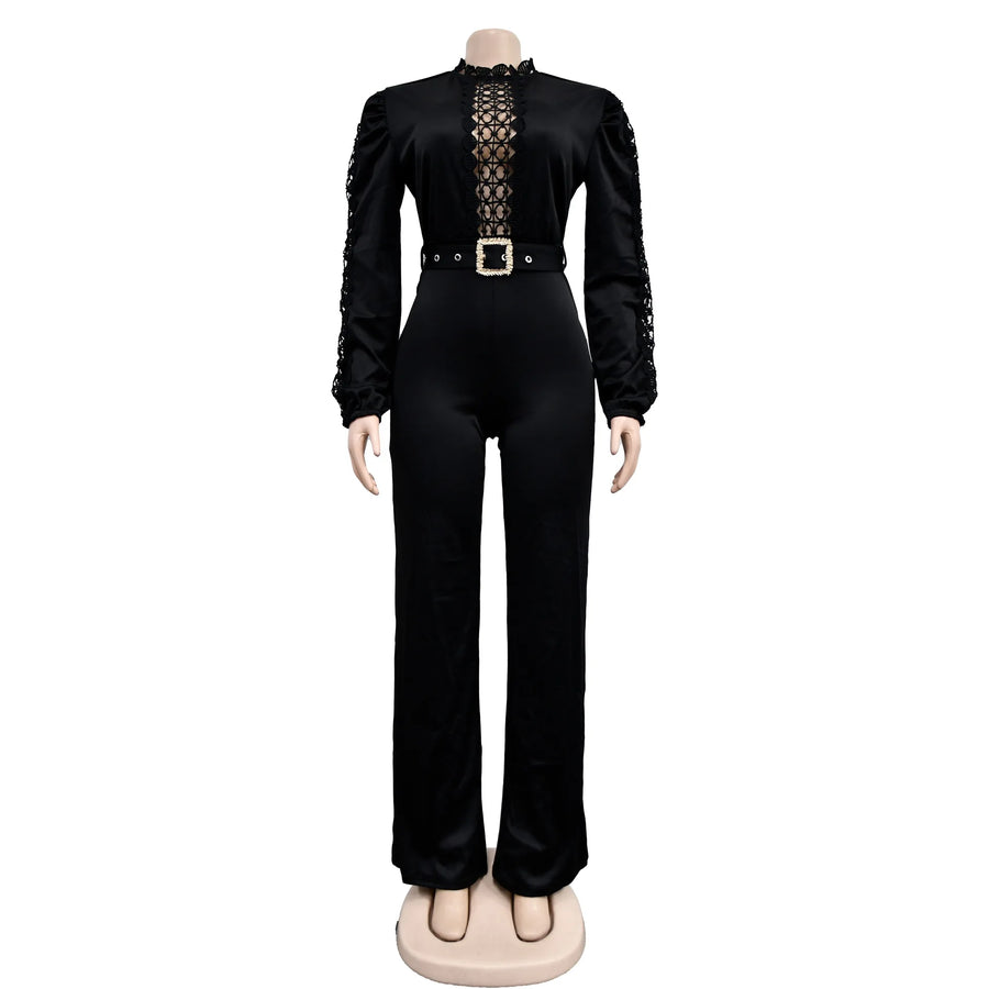 Elegant Hollow Out Turtleneck Long Sleeve Slim Fit Jumpsuit with Belt High Quality