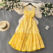 Quality Spaghetti Straps Ruffles Backless Sexy Hollow Out Embroidery Dress