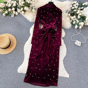 High Quality Long Sleeve V Neck Thick Velvet Diamond Embellished Dress