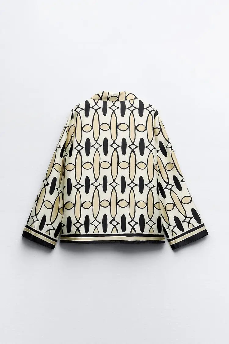 Women's Geometric Print Shirt Pants Suit V-neck Long Sleeves Top High Waist Hidden Zip Straight Leg Pants Female Chic Set