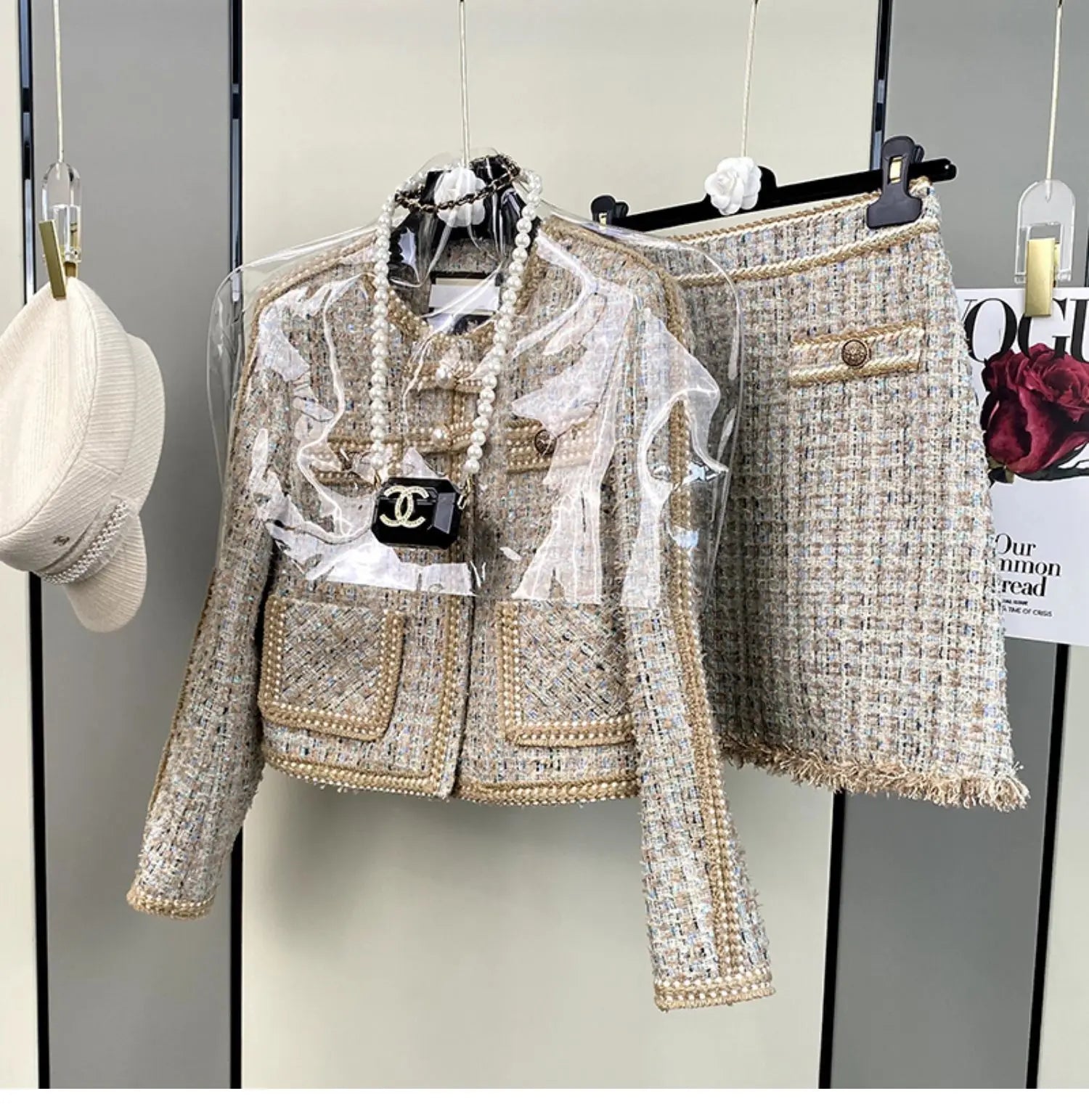 Women Winter Elegant Vintage Tweed Fragrant Suit Jacke Coat Top And Skirt Two Piece Set Outfit Jacquard Formal Party Clothing