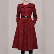 High quality slim fit long sleeve round neck belted tweed luxury dress