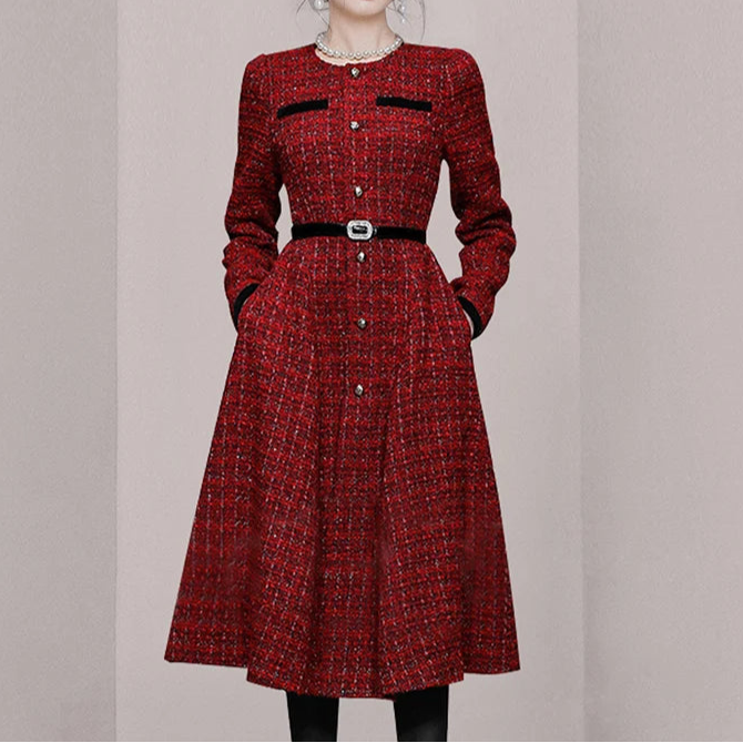 High quality slim fit long sleeve round neck belted tweed luxury dress