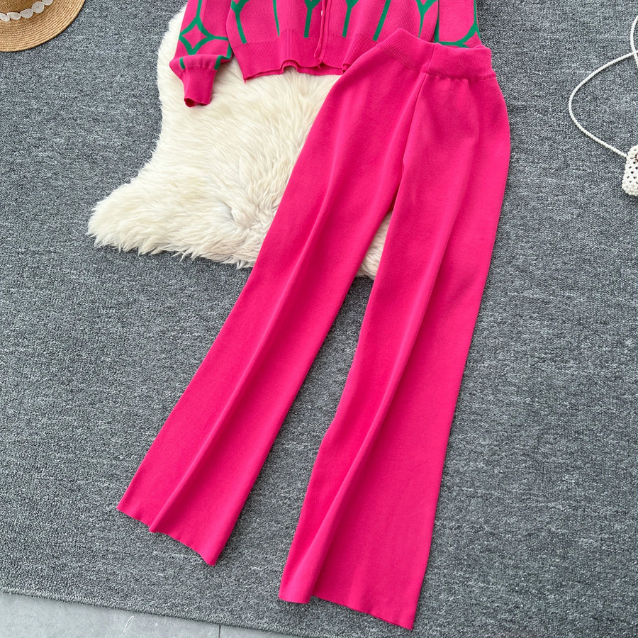 2 Piece Sets Single Breasted Print Cardigan + High Waist Wide Legs Pants