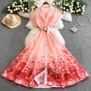 Summer Women Printed Long Dress Beach Vacation Notched Collar Single Breasted Short Sleeve A-Line Maxi Vestidos Female Robe