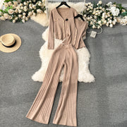 Senior Knitted Suits Fashion Metal Button Vest+V Neck Long Sleeves Cardigans+Wide Legs Pants Stripe Three Pieces Sets