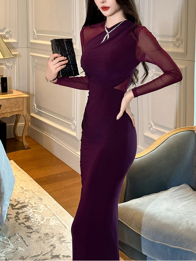 Women's French Sexy Midi Dress Woman Elegant Black Purple