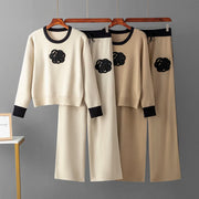 Casual Knitted Two Piece Sets Floral Sweater+Pants High Quality